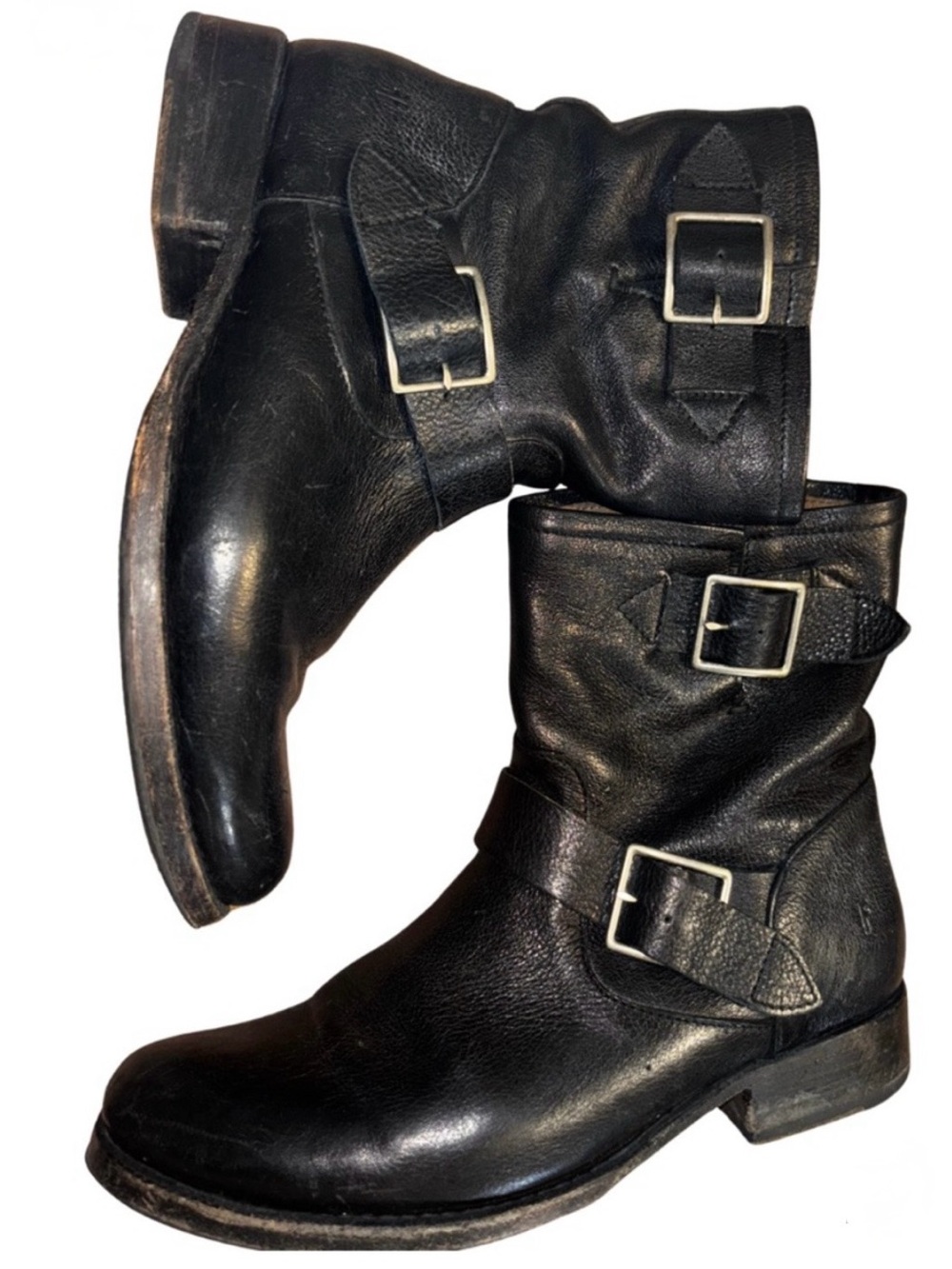 Frye Black Leather Vicky Combat Boots with Buckles 8.5
